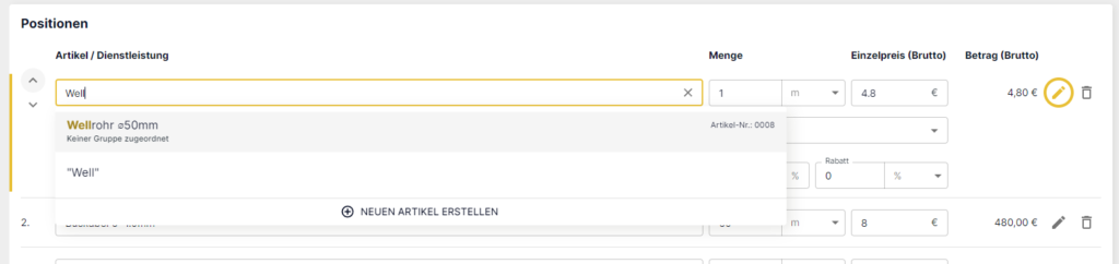 Schnell-Suche nach Rechnungspositionen in debtory
