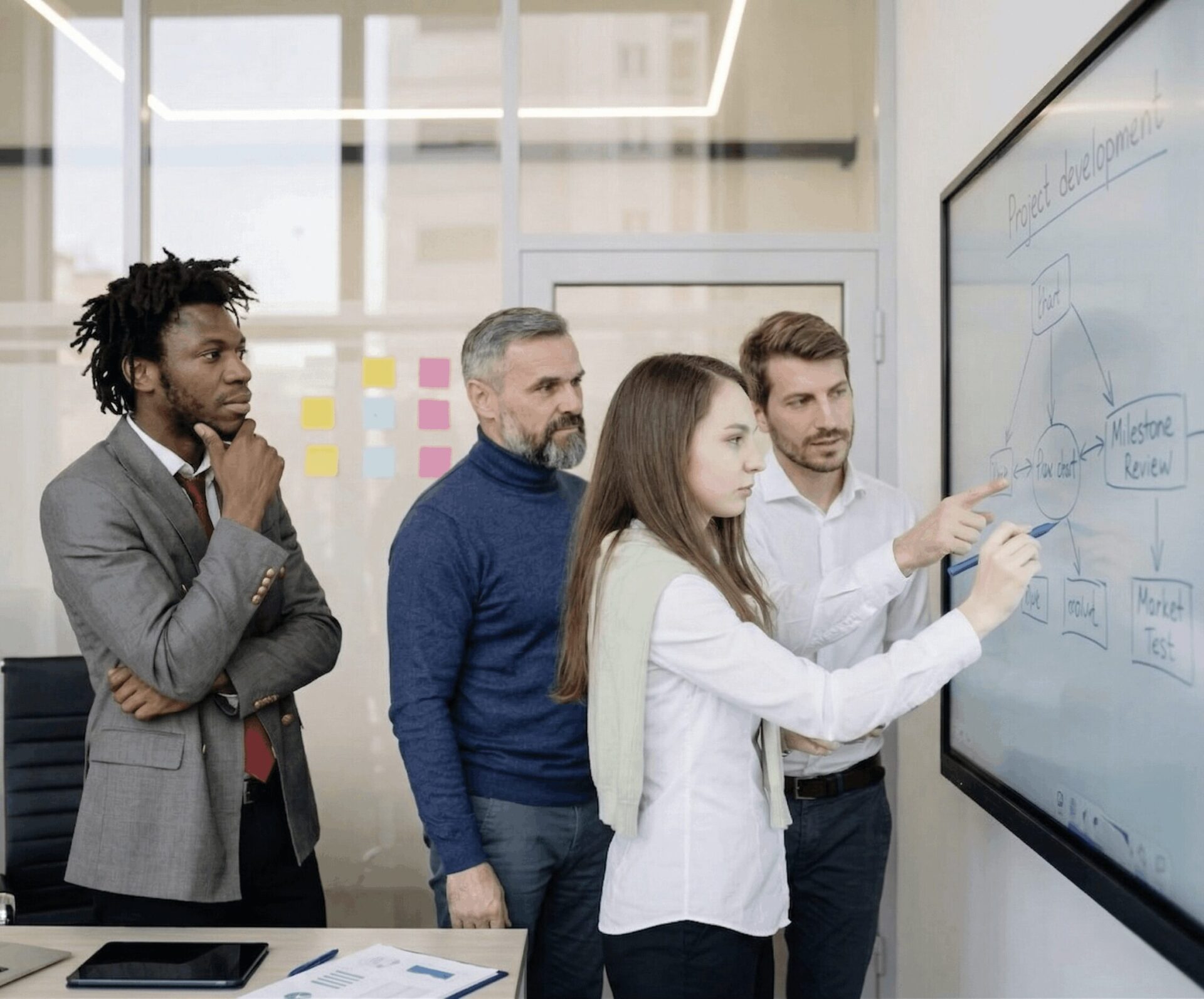 Mitarbeiter von Groß-Unternehmen arbeiten an einem Flipchart